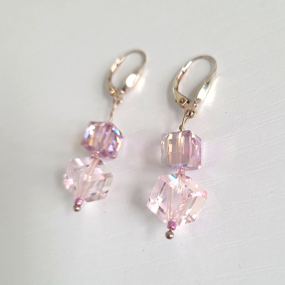 Sterling Silver Pink Purple Austrian Crystal Square Beaded Drop Dangle Earrings